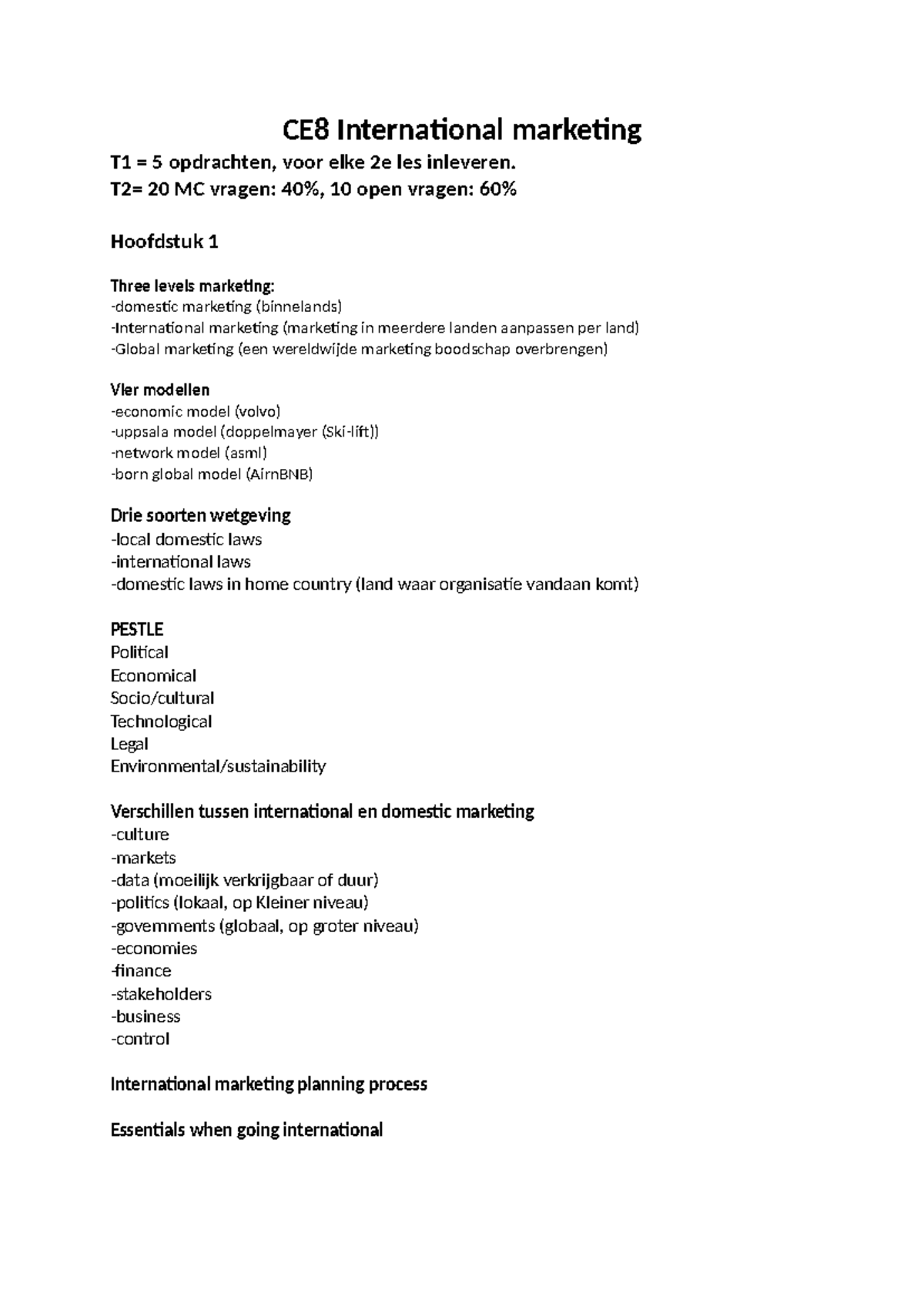 CE8 International Marketing Notes: Key Concepts and Models - Studeersnel