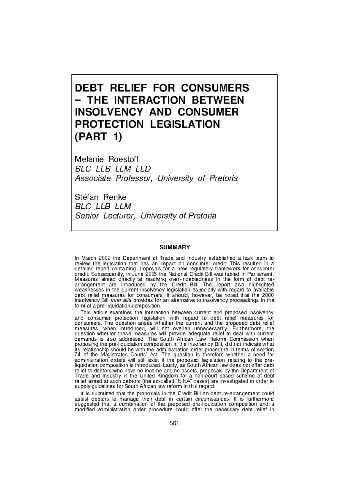DEBT RELIEF FOR CONSUMERS: INSOLVENCY & PROTECTION LEGISLATION (PART 1 ...