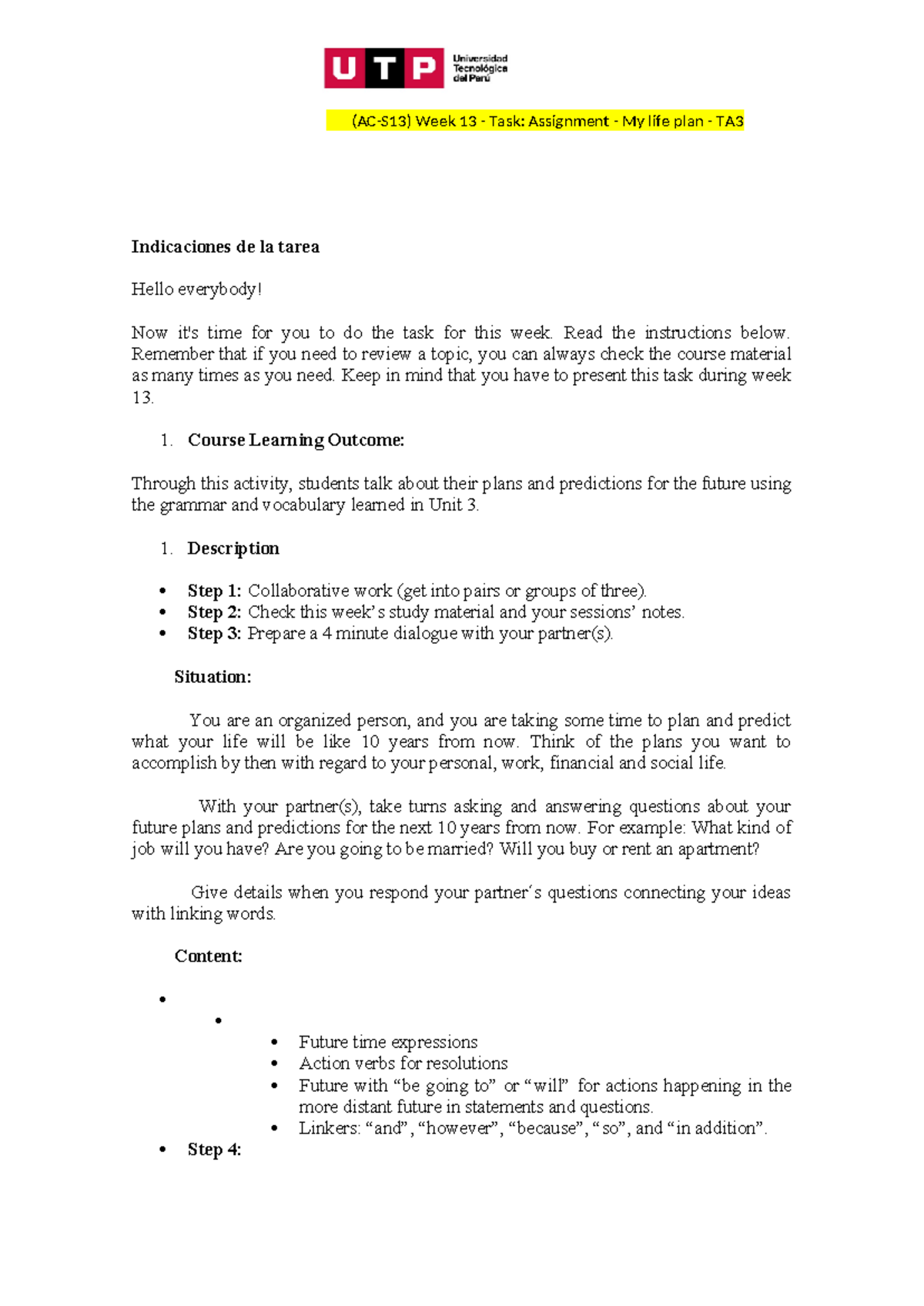 🔴 (AC-S13) Week 13 - Task Assignment: My Life Plan - TA3 - Inglés 4 ...