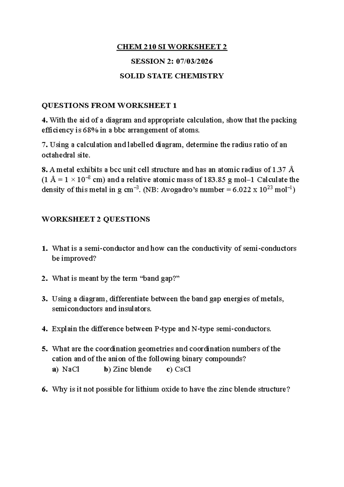 CHEM 210 SI WORKSHEET 2: SOLID STATE CHEMISTRY QUESTIONS - Studocu