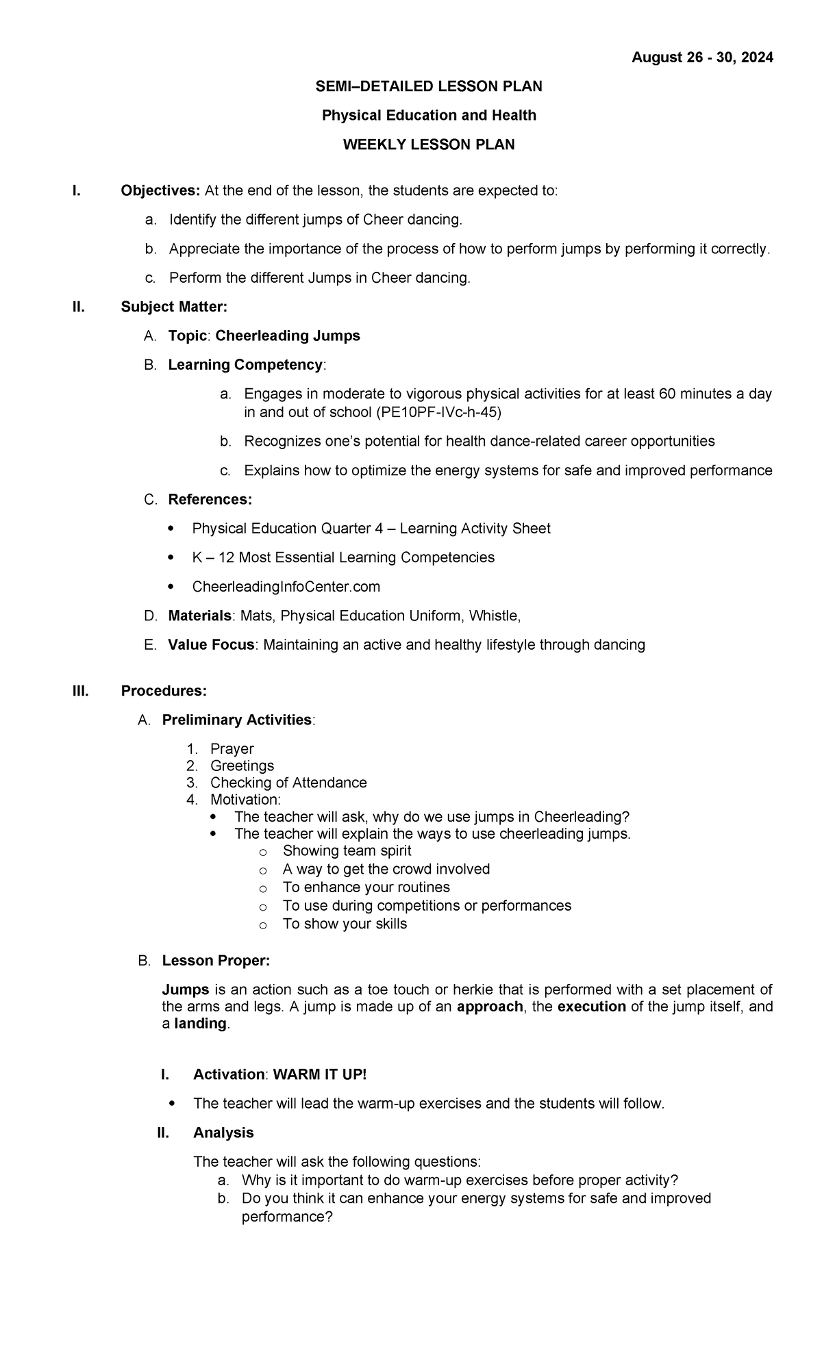Semi - detailed Lesson plan - August 26 - 30, 2024 SEMI–DETAILED LESSON ...