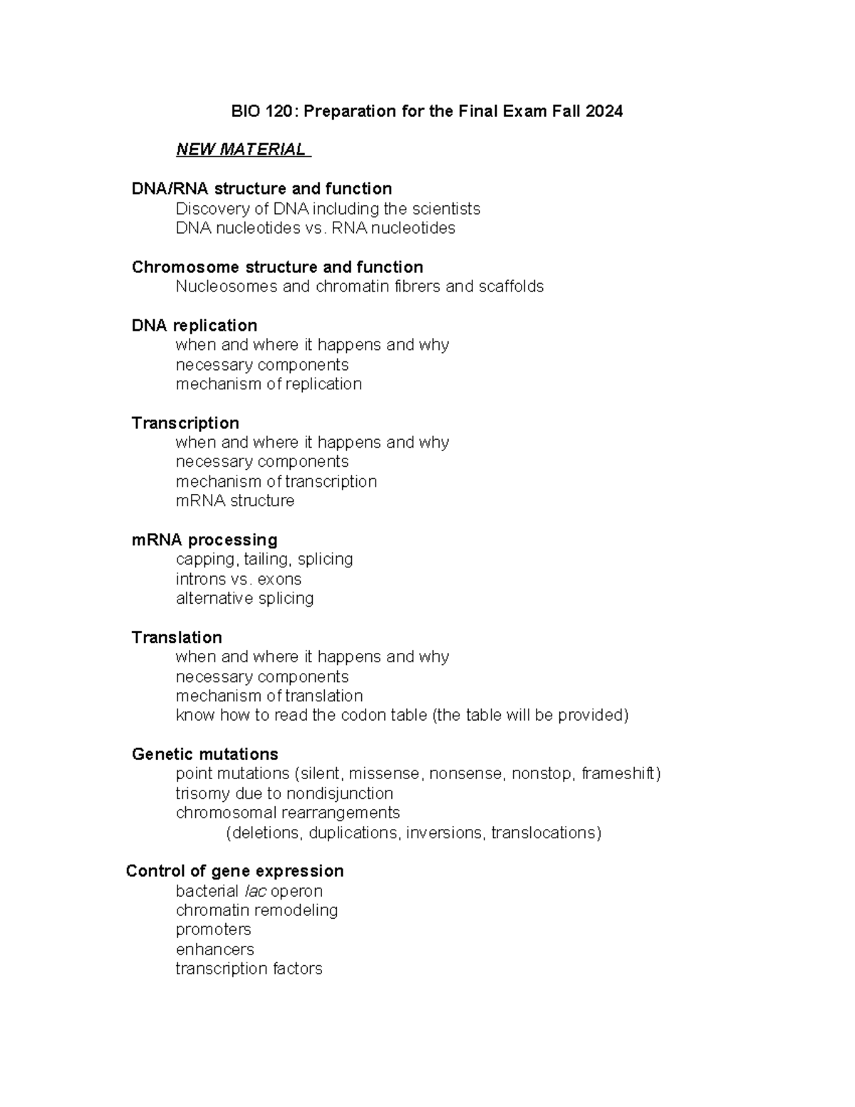 BIO 120: Final Exam Study Guide for Fall 2024 - Studocu