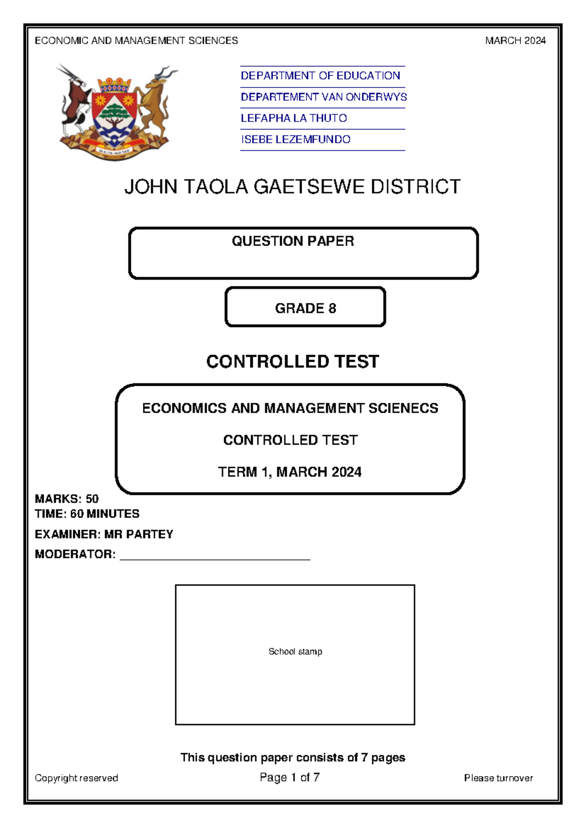 EMS Grade 8 Term 1 Controlled Test Questions JTG 2024-1 - Studocu