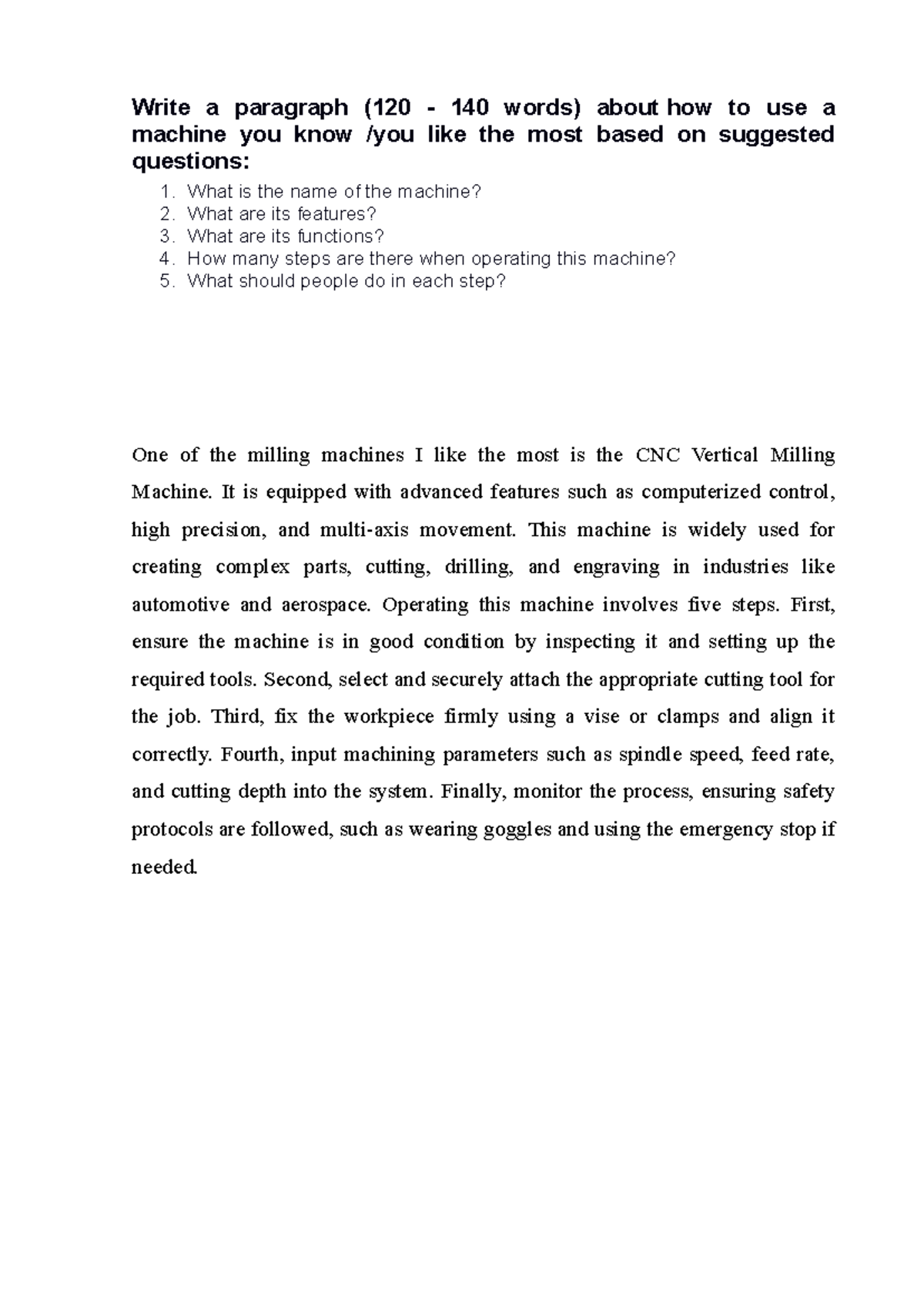 E6 U1 Writing: How to Operate a CNC Vertical Milling Machine - Studocu