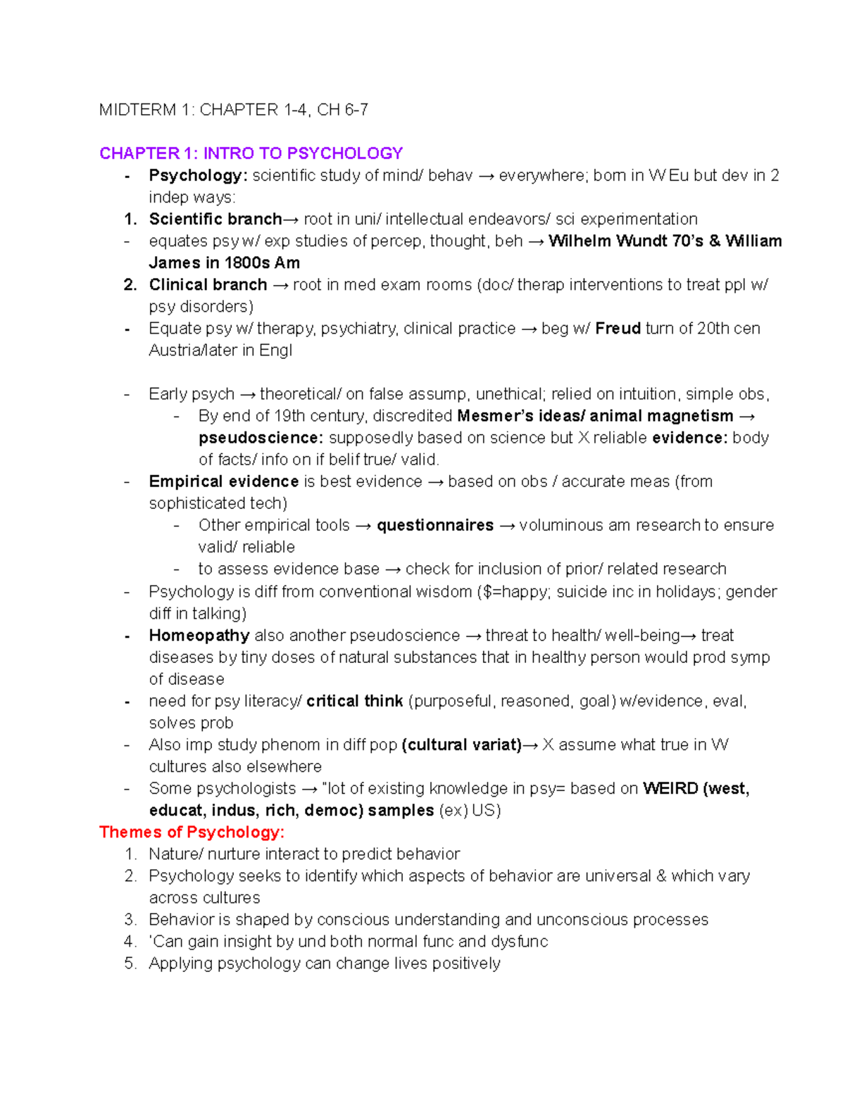 PSY 101 Midterm 1 Study Notes: Chapters 1-4 & 6 Overview - Studocu