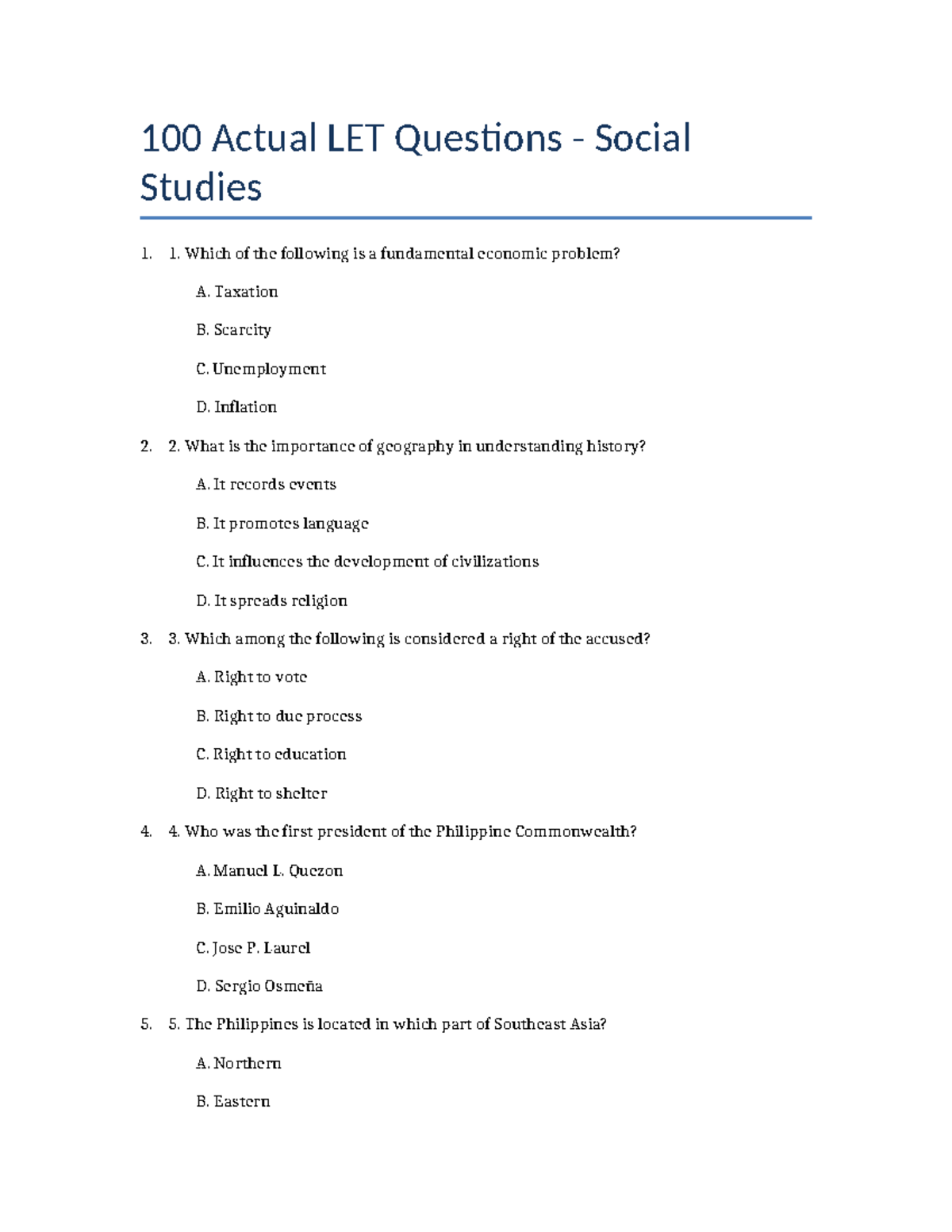 LET Social Studies: 100 Essential Questions for Review - Studocu