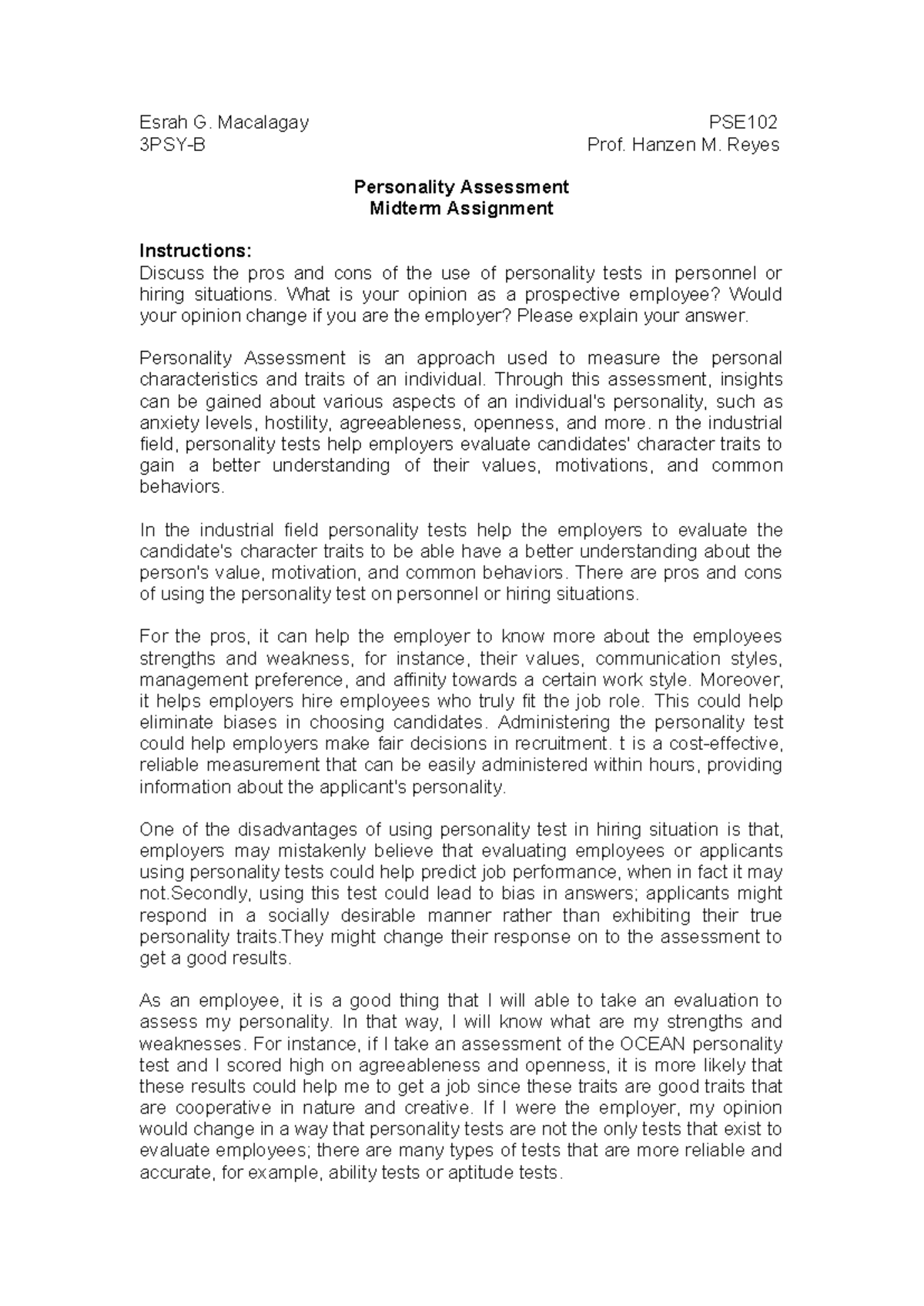 PSE102 Personality Assessment Midterm: Pros and Cons Analysis - Studocu