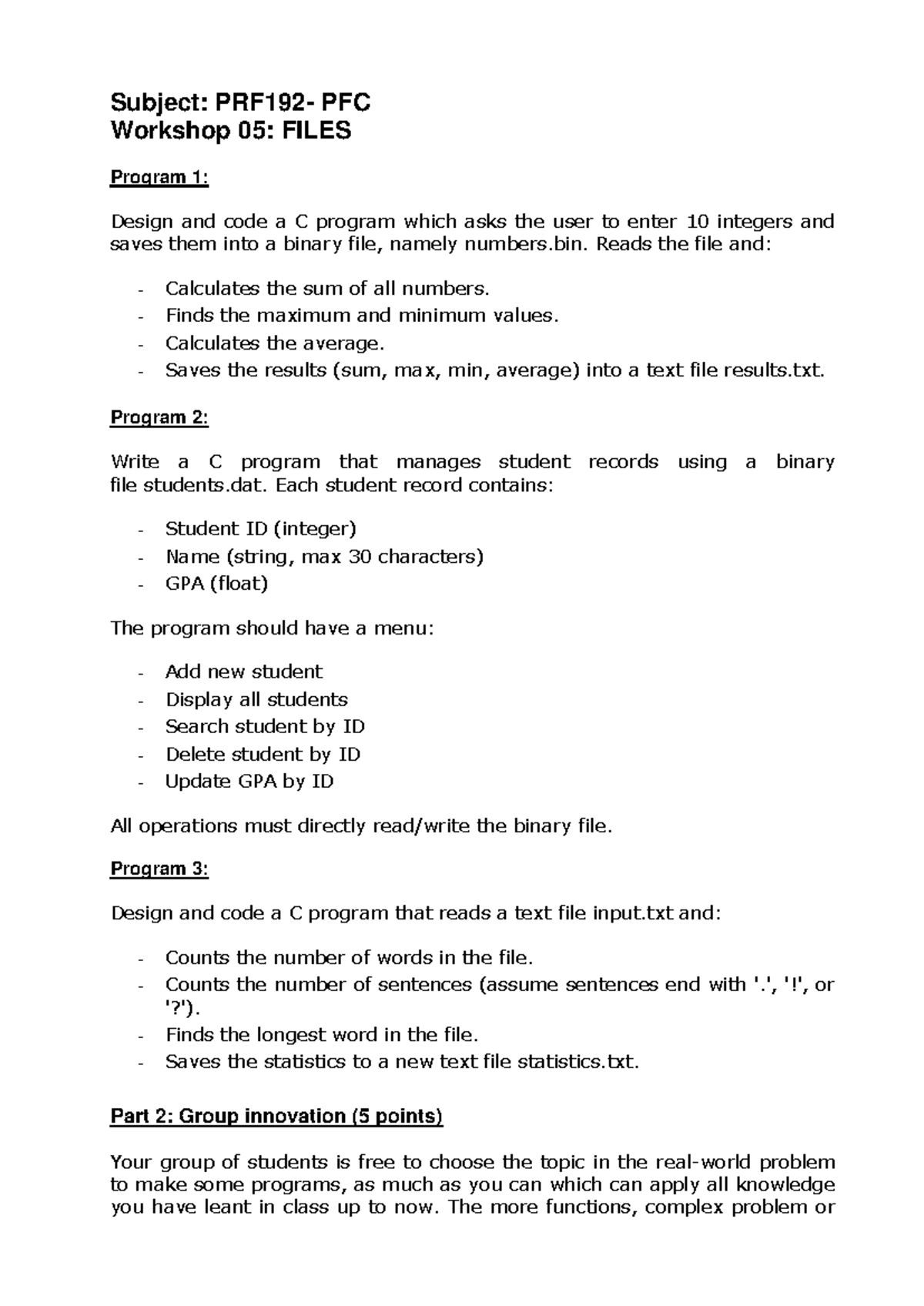 PFC Workshop 05: C Programming Projects for File Management - Studocu