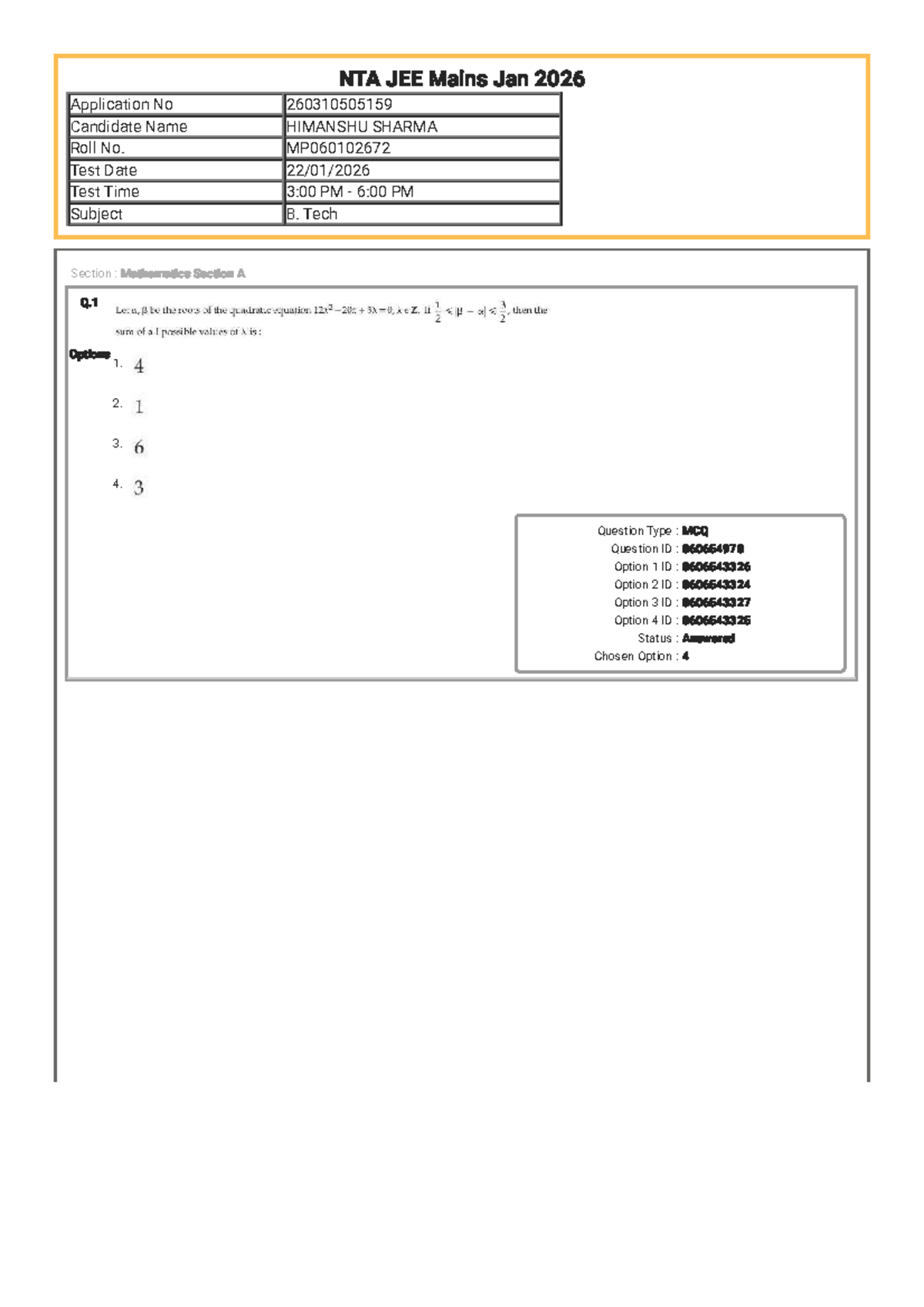 NTA JEE Mains Jan 2026 Mathematics Section MCQ Questions - Studocu