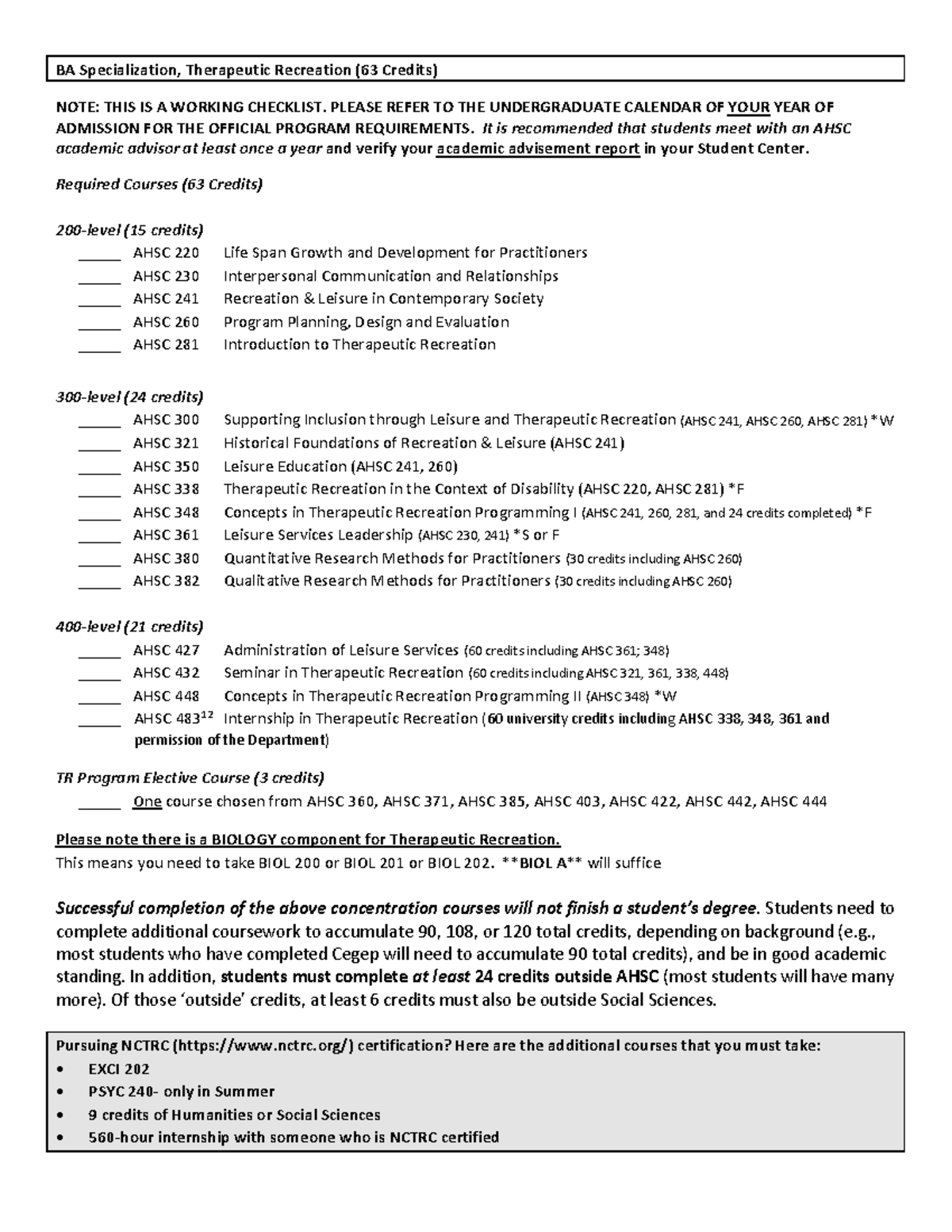 TRSpec - Checklist for NCTRC Certification in Therapeutic Recreation ...