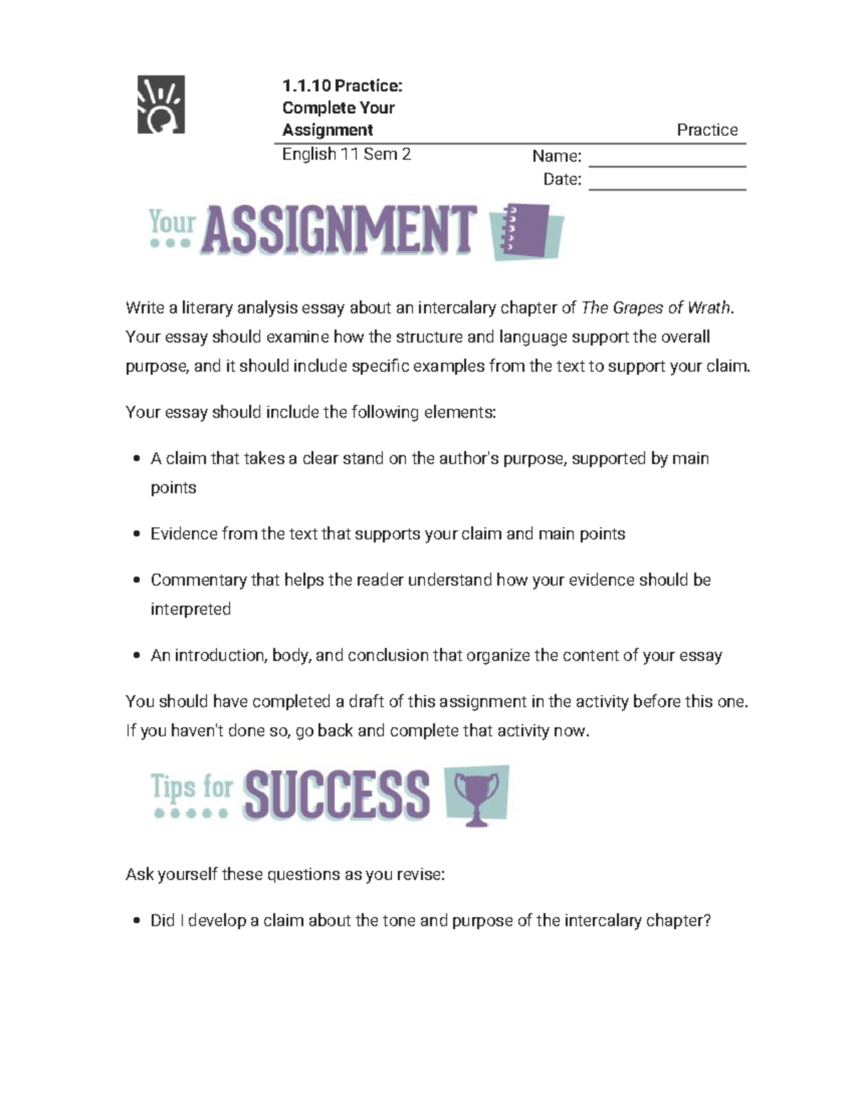 English 11 Sem 2: Literary Analysis of Intercalary Chapter in Grapes of ...