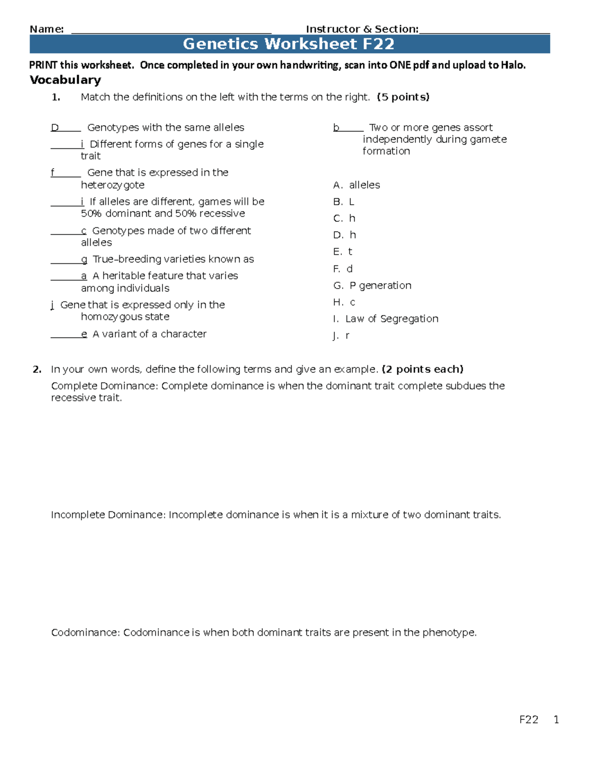 9 Genetics Punnett Square worksheet F22 - Genetics Worksheet F PRINT ...