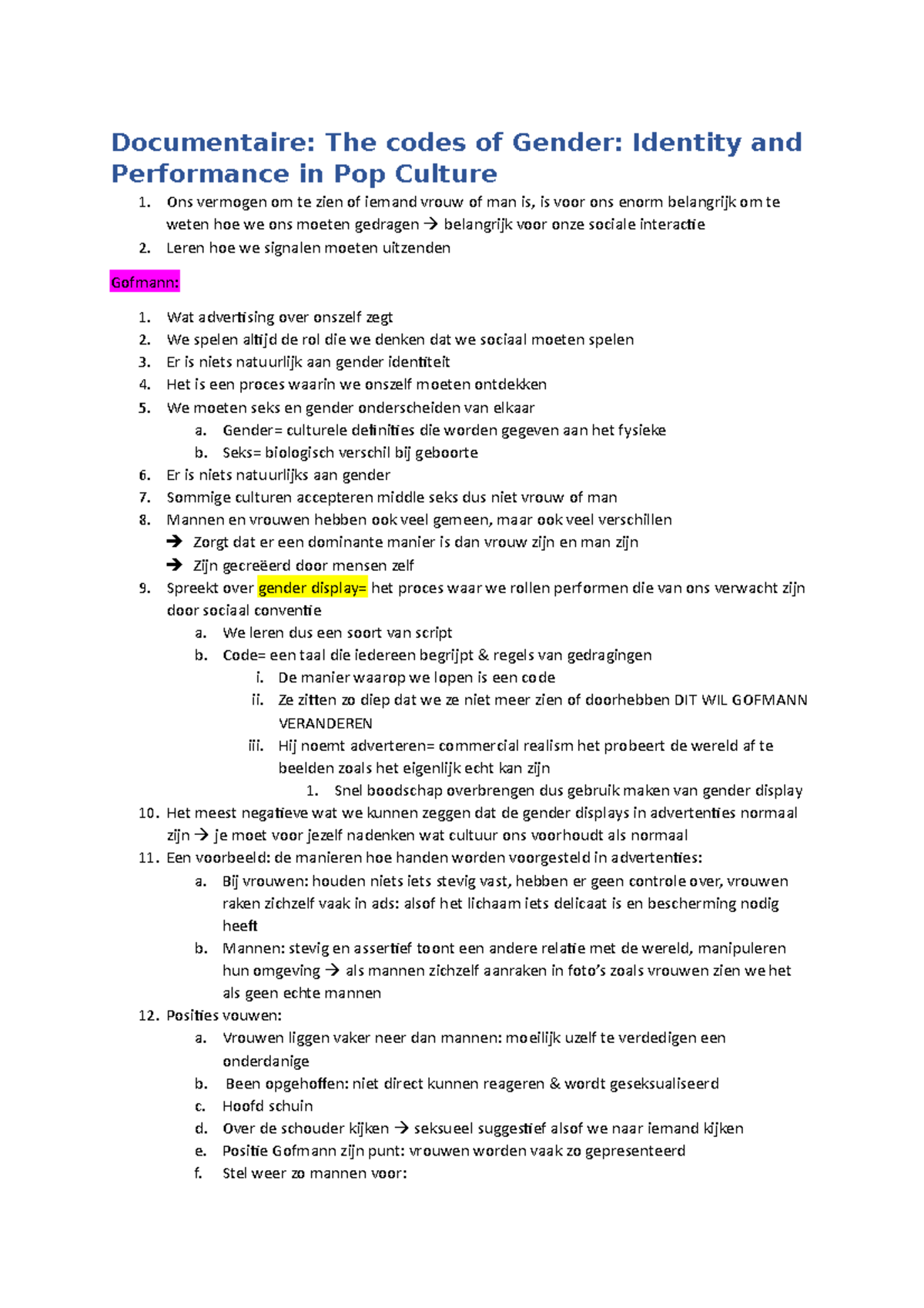 Gofmann's Gender Codes: Insights from Documentaire Analysis - Studocu