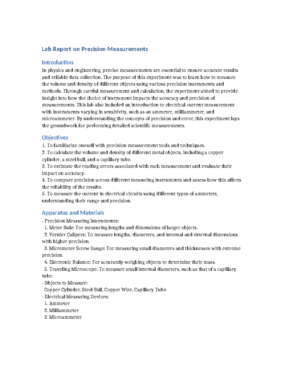 Precision Measurement Lab Report: Techniques and Findings - Studocu