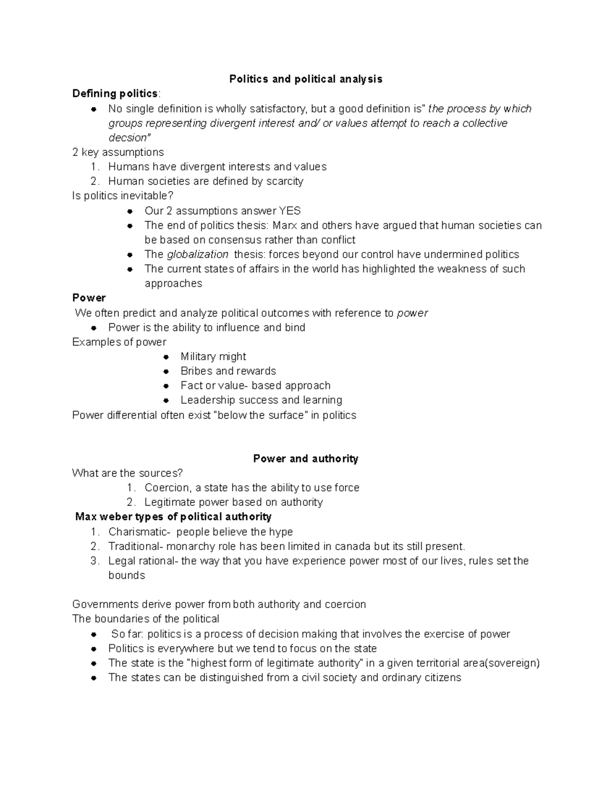 Pol 100 - Lecture notes 1-6 - Politics and political analysis Defining ...