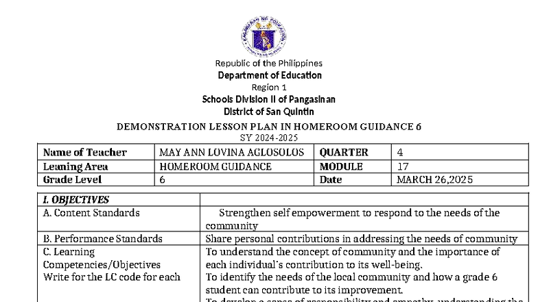 DEMONSTRATION LESSON PLAN IN HOMEROOM GUIDANCE 6 (Q4 2025) - Studocu