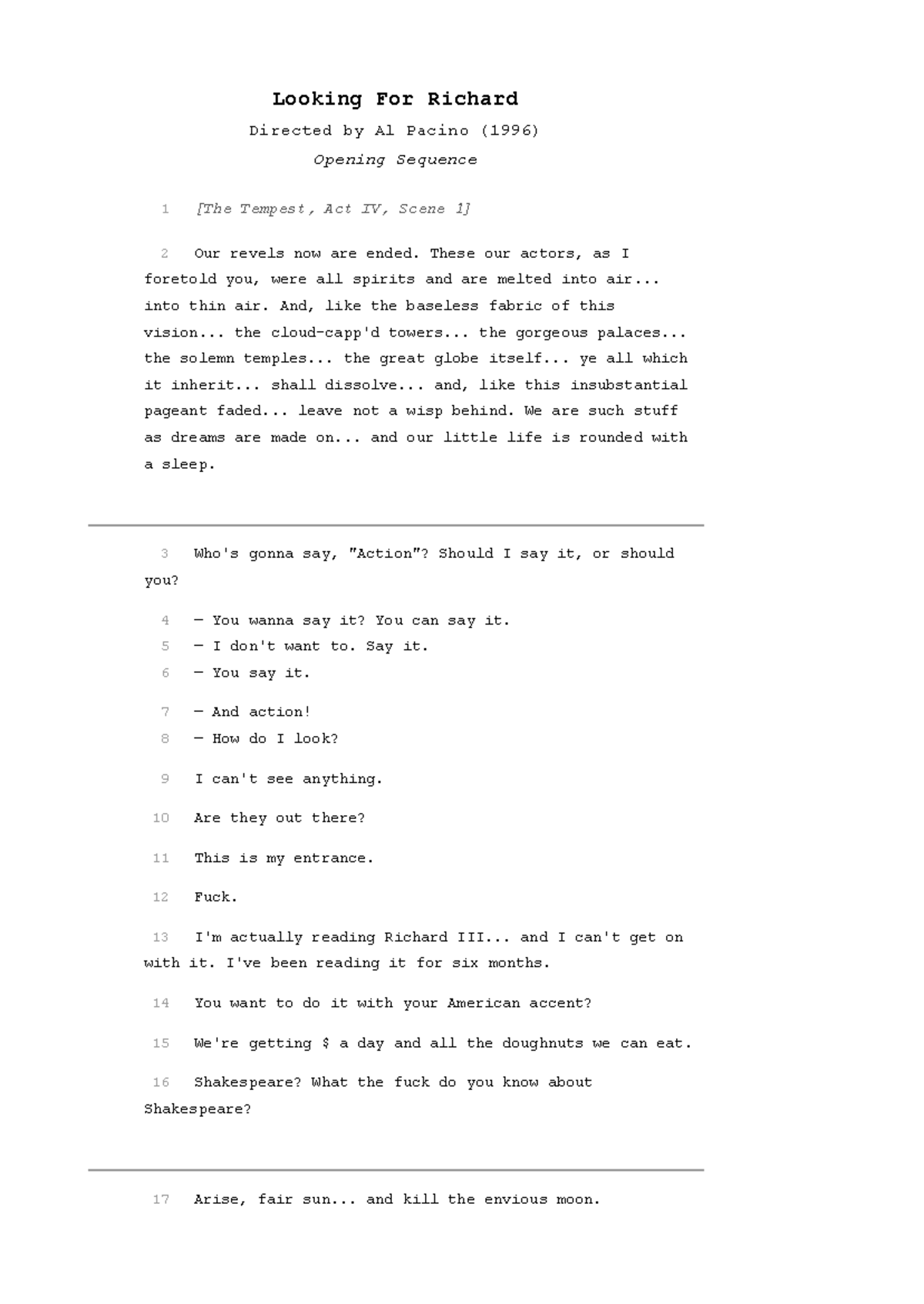 Looking For Richard (1996) - Script Analysis and Opening Sequence - Studocu