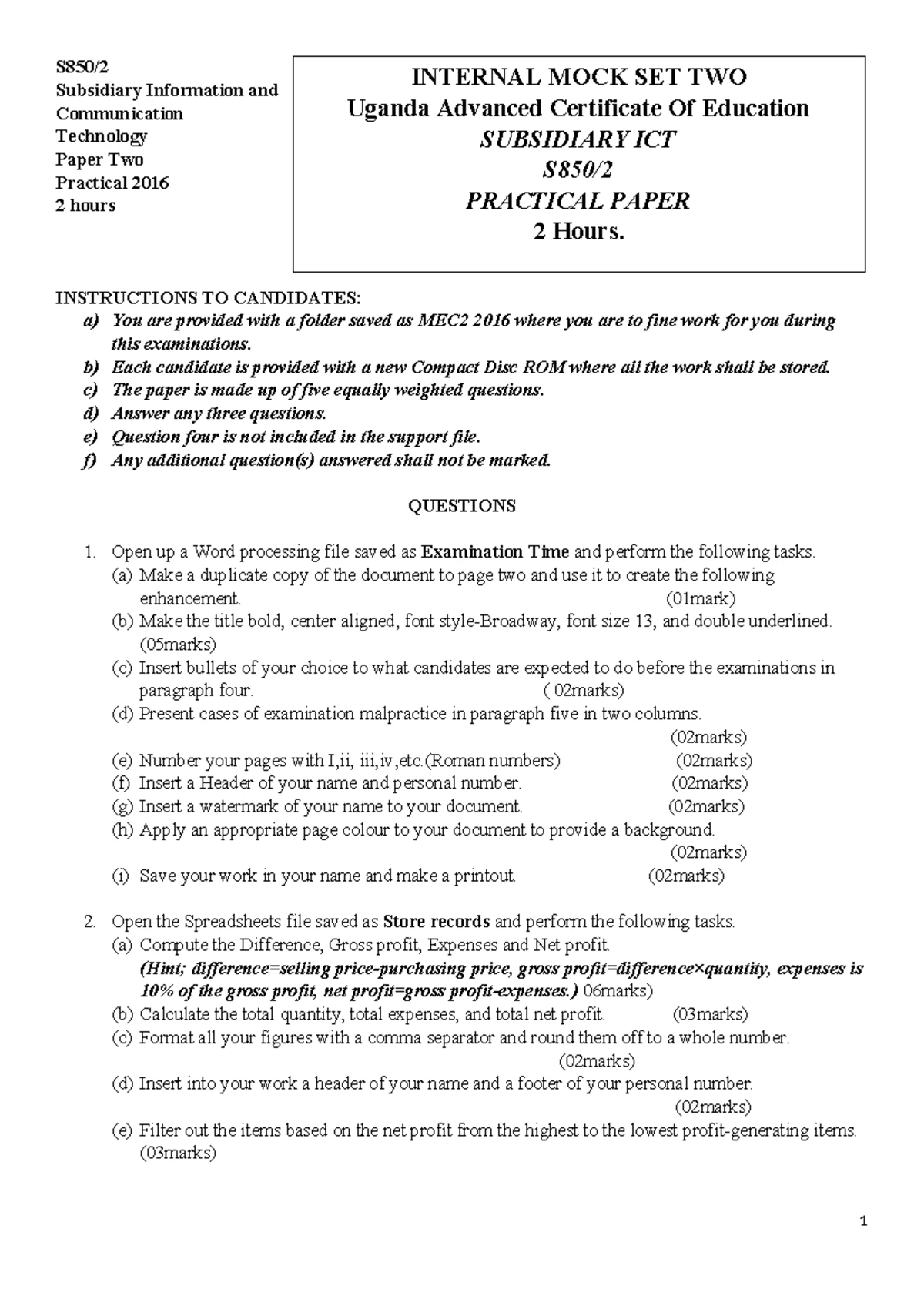 Subsidiary ICT Internal Mock Exam Paper 2 - 2 Hours - Studocu