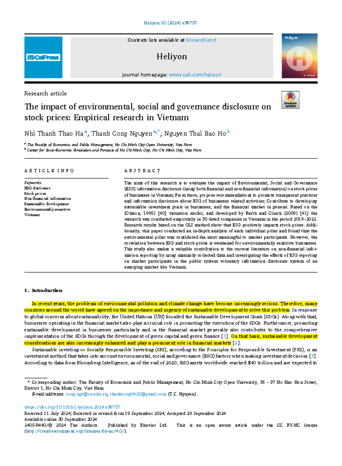 The Impact of ESG Disclosure on Stock Prices: Evidence from Vietnam ...