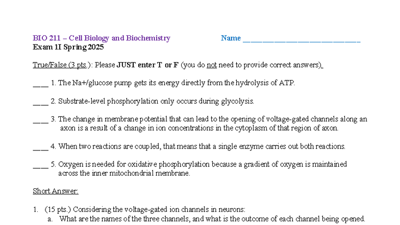 BIO 211 Cell Biology & Biochemistry Exam 2b Spring 2025 Sample ...