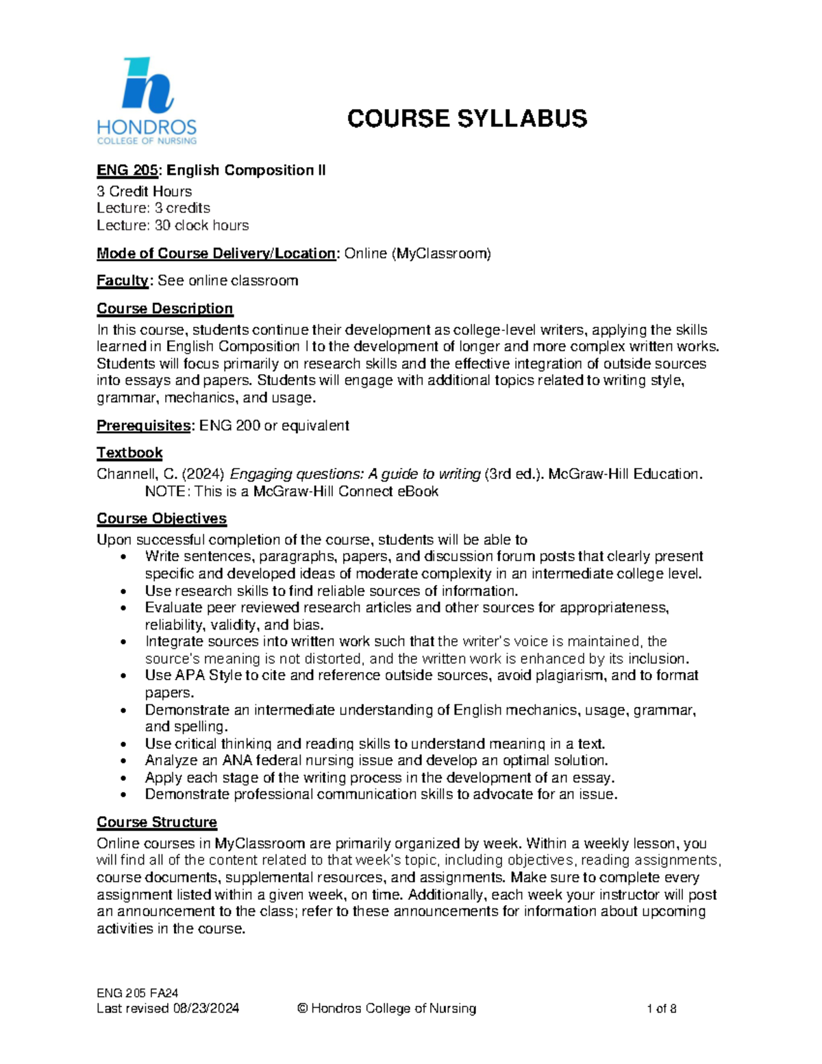 ENG 205 Syllabus FA24 - COURSE SYLLABUS ENG 205 FA 24 ENG 205 : English ...