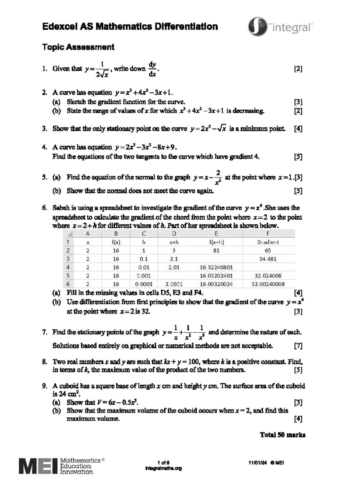 Y1 AS Mathematics Differentiation TA Exam Questions and Solutions - Studocu