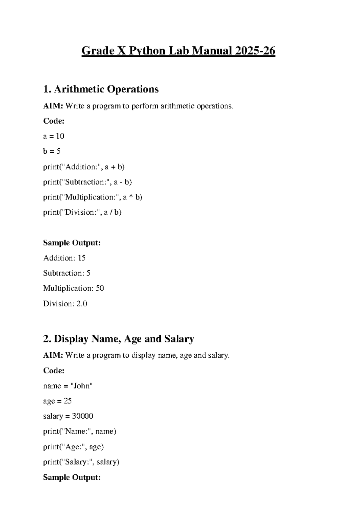 Grade X Python Lab Manual 2025: Arithmetic & Basic Programs - Studocu