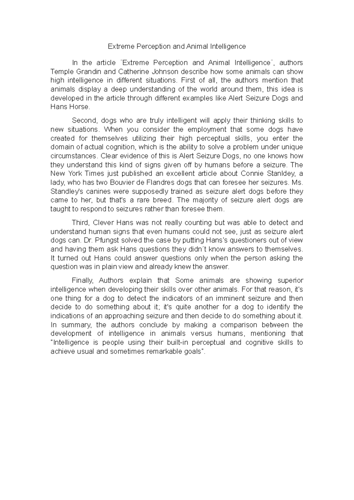 Writing 1 - Exploring Animal Intelligence and Perception Insights - Studocu