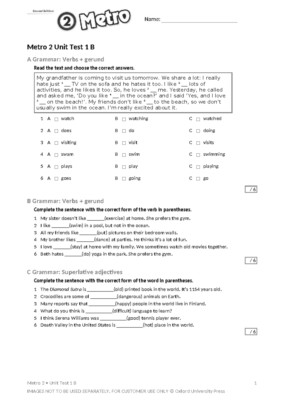 Metro 2 Unit Test 1B: Grammar, Vocabulary, and Listening Exercises ...