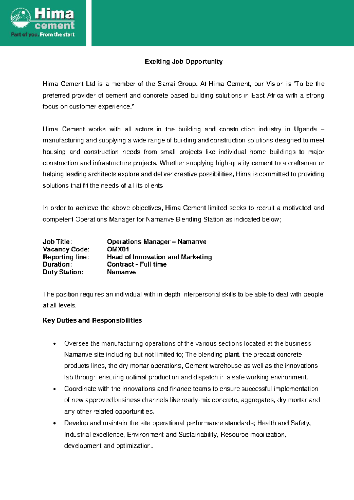 Job Advert: Operations Manager - Namanve Blending Station (OMX01) - Studocu