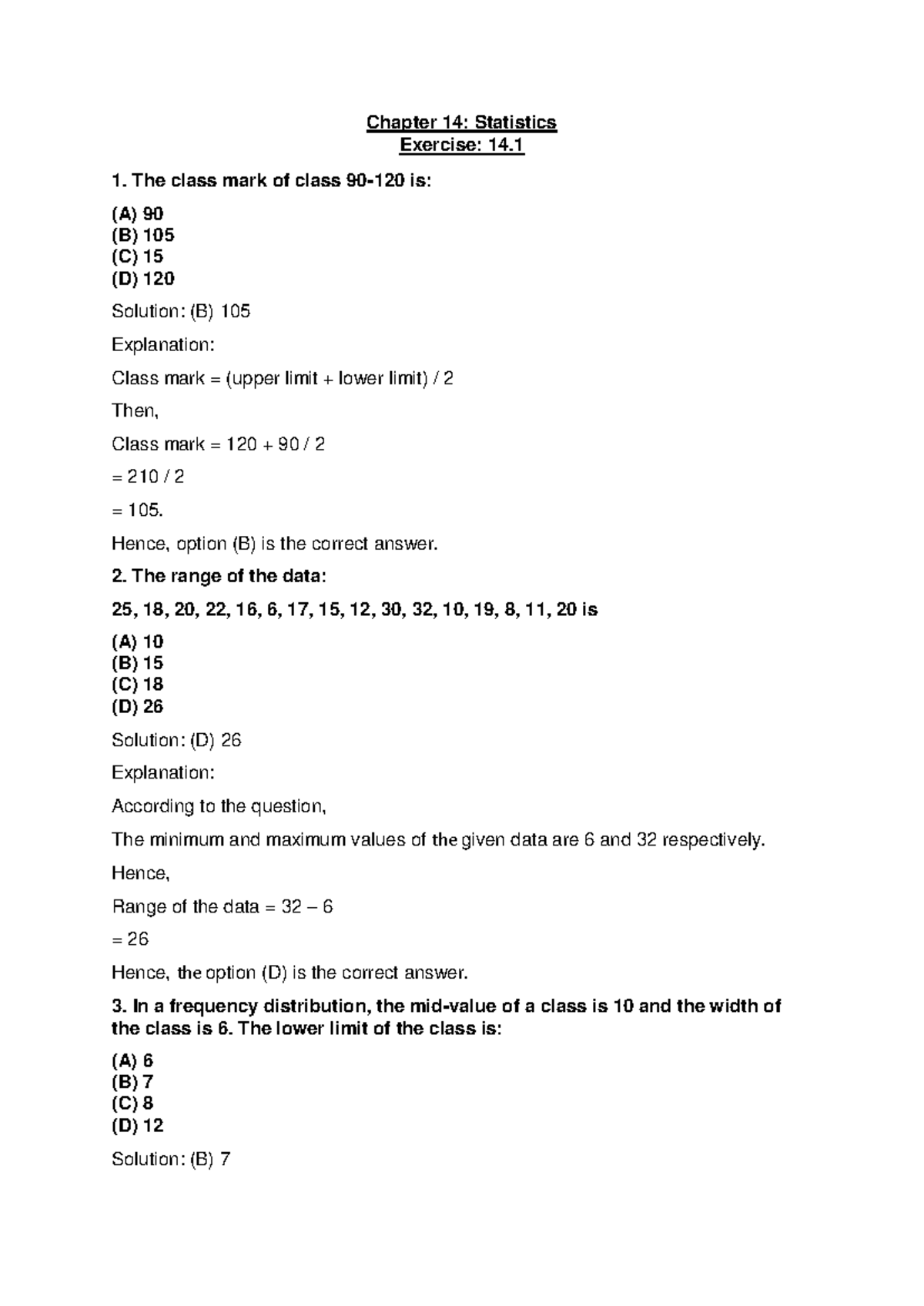 Chapter 14: Statistics Exercises & Solutions for 745C43C8EC - Studocu