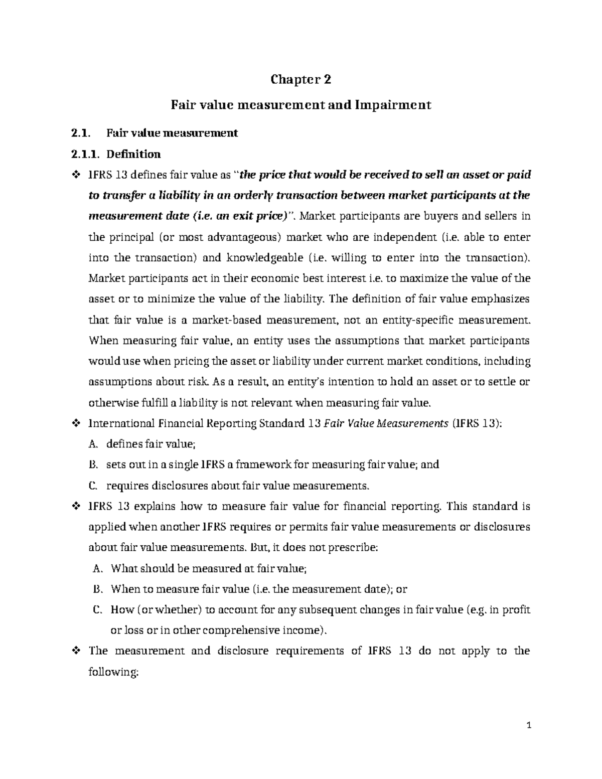 IFA-I Ch-2 - Understanding Fair Value Measurement & Impairment - Studocu