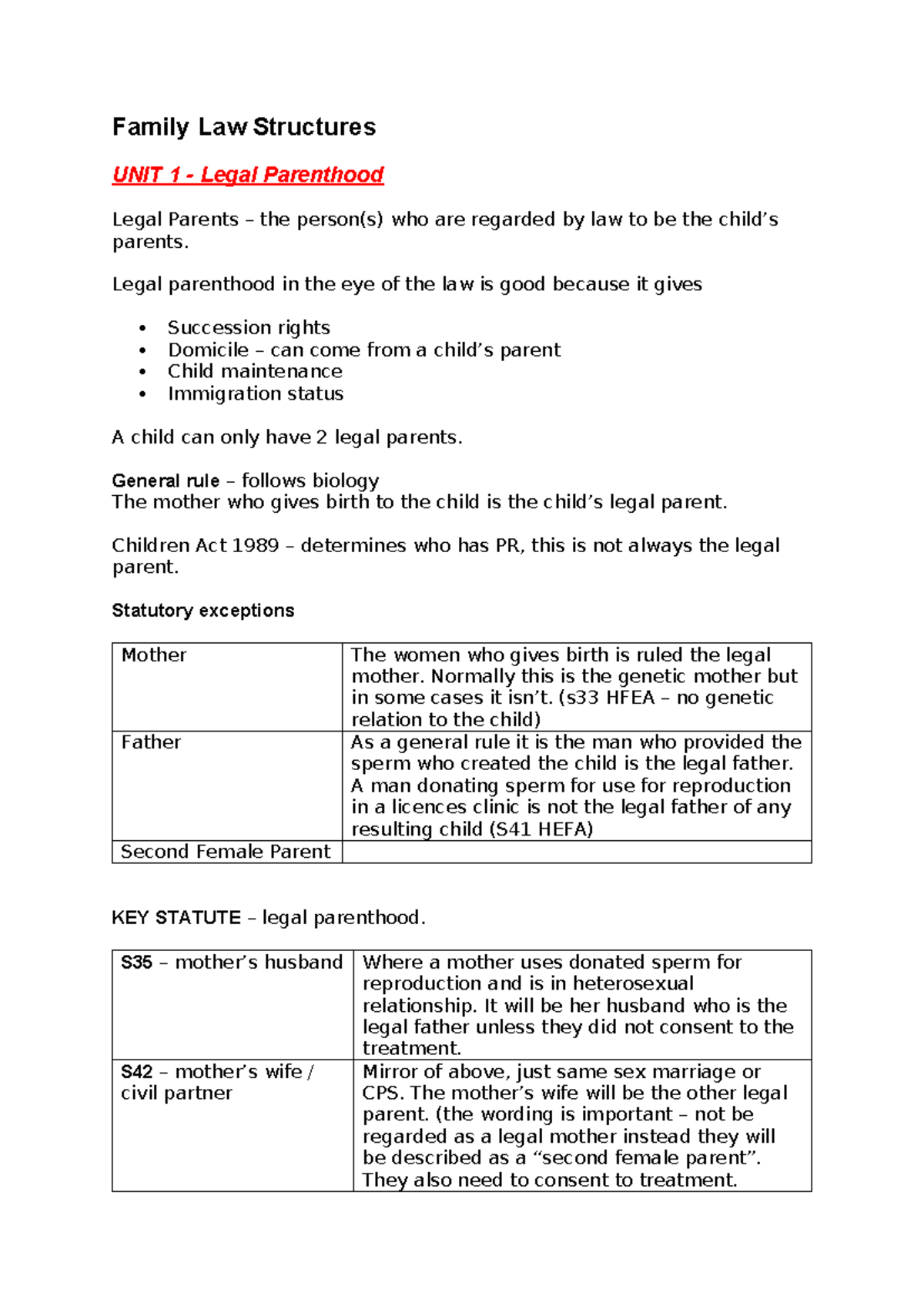 Family Law Structures - Family Law Structures UNIT 1 - Legal Parenthood ...