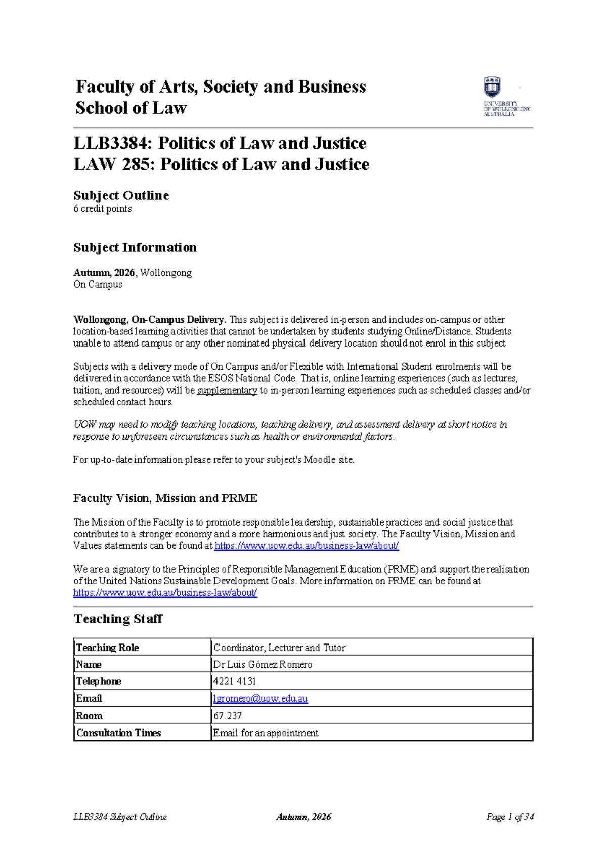 LLB3384 - LAW 285: Politics of Law and Justice Subject Outline Autumn ...