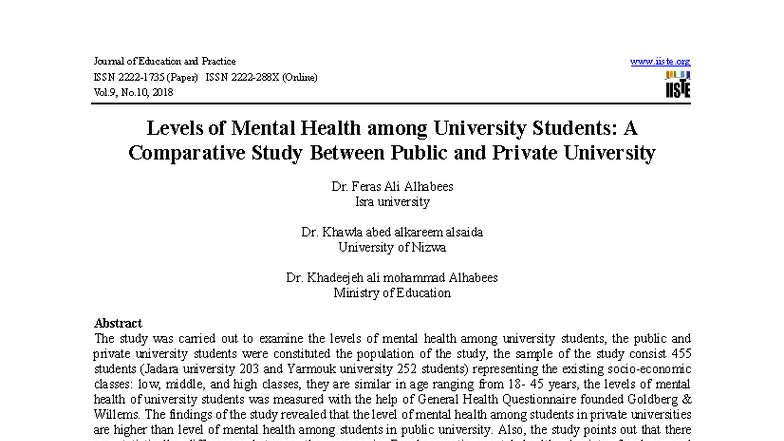 Mental Health Levels Among University Students: A Comparative Study ...