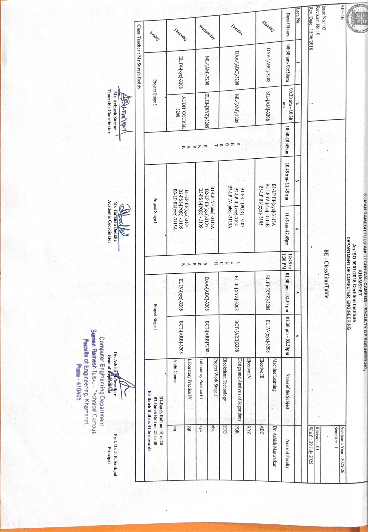 BE Computer Engineering Semester I Timetable (Rev. 01) - Studocu