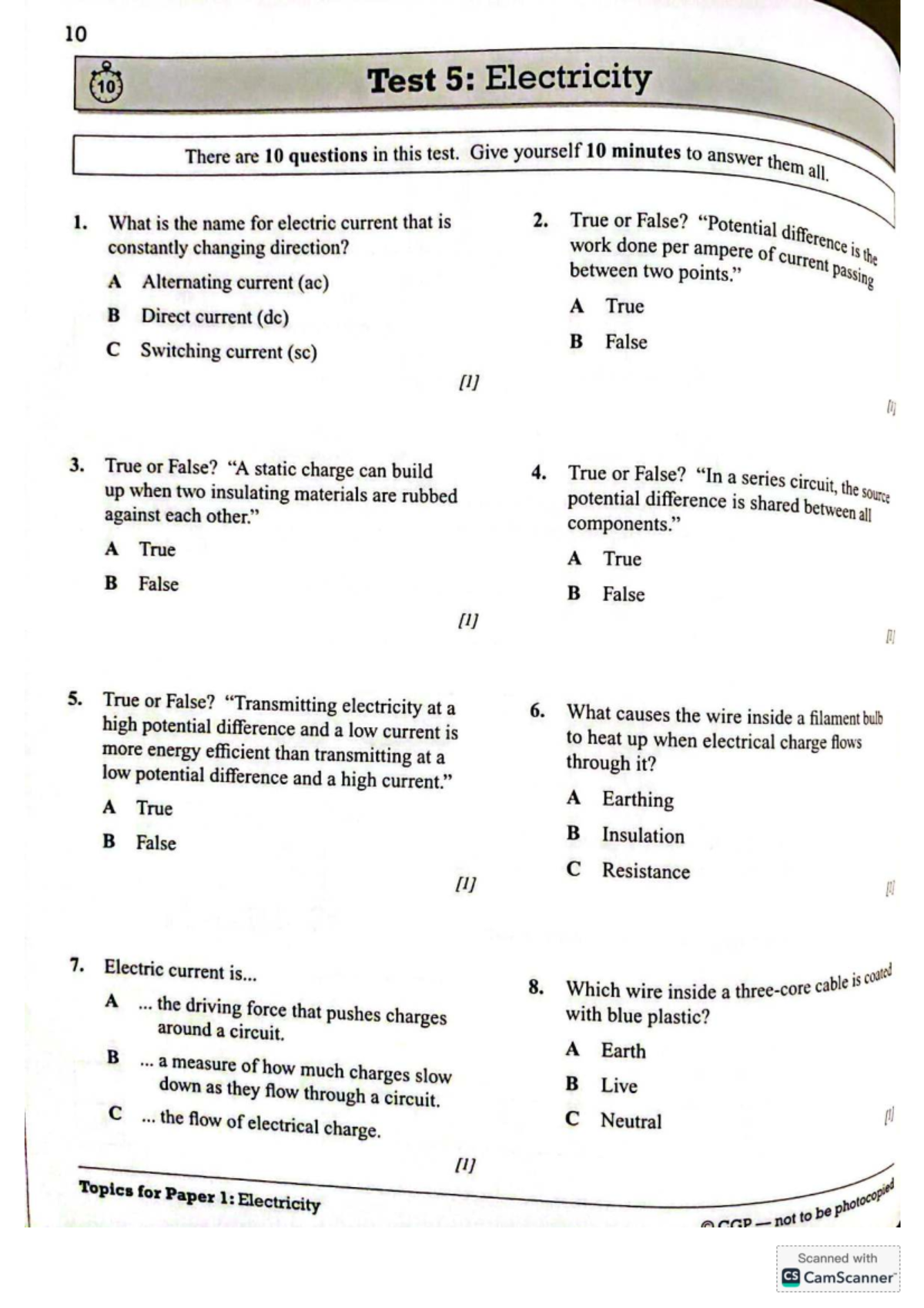 Practice Electricity - Abc - 10 10 Test 5: Electricity There are 10 ...