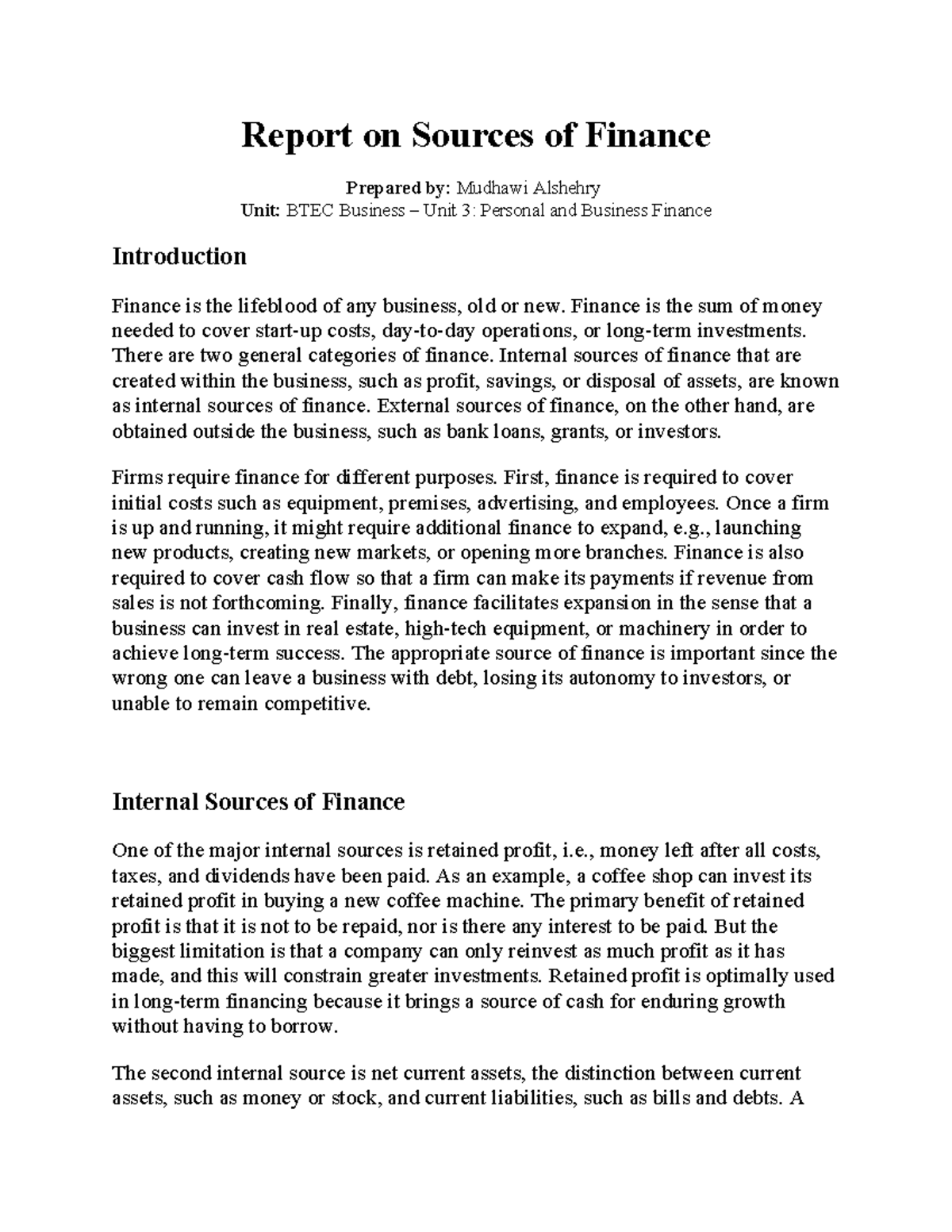 BTEC Business Unit 3: Report on Internal & External Finance Sources ...