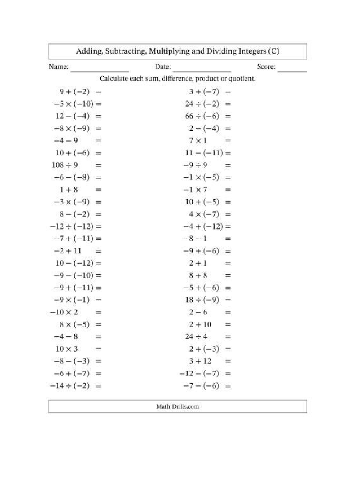 Integer Operations Practice (C) - Tutoring Worksheet - Studocu