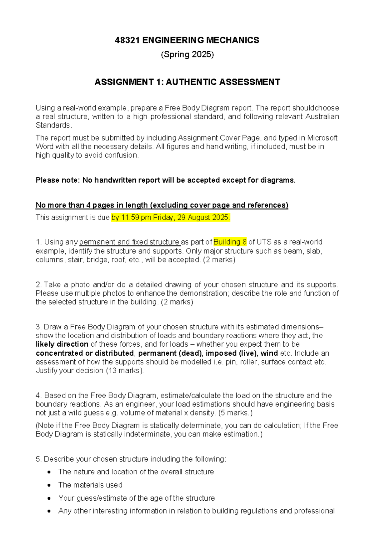 48321 Engineering Mechanics Assignment 1: Free Body Diagram Report ...