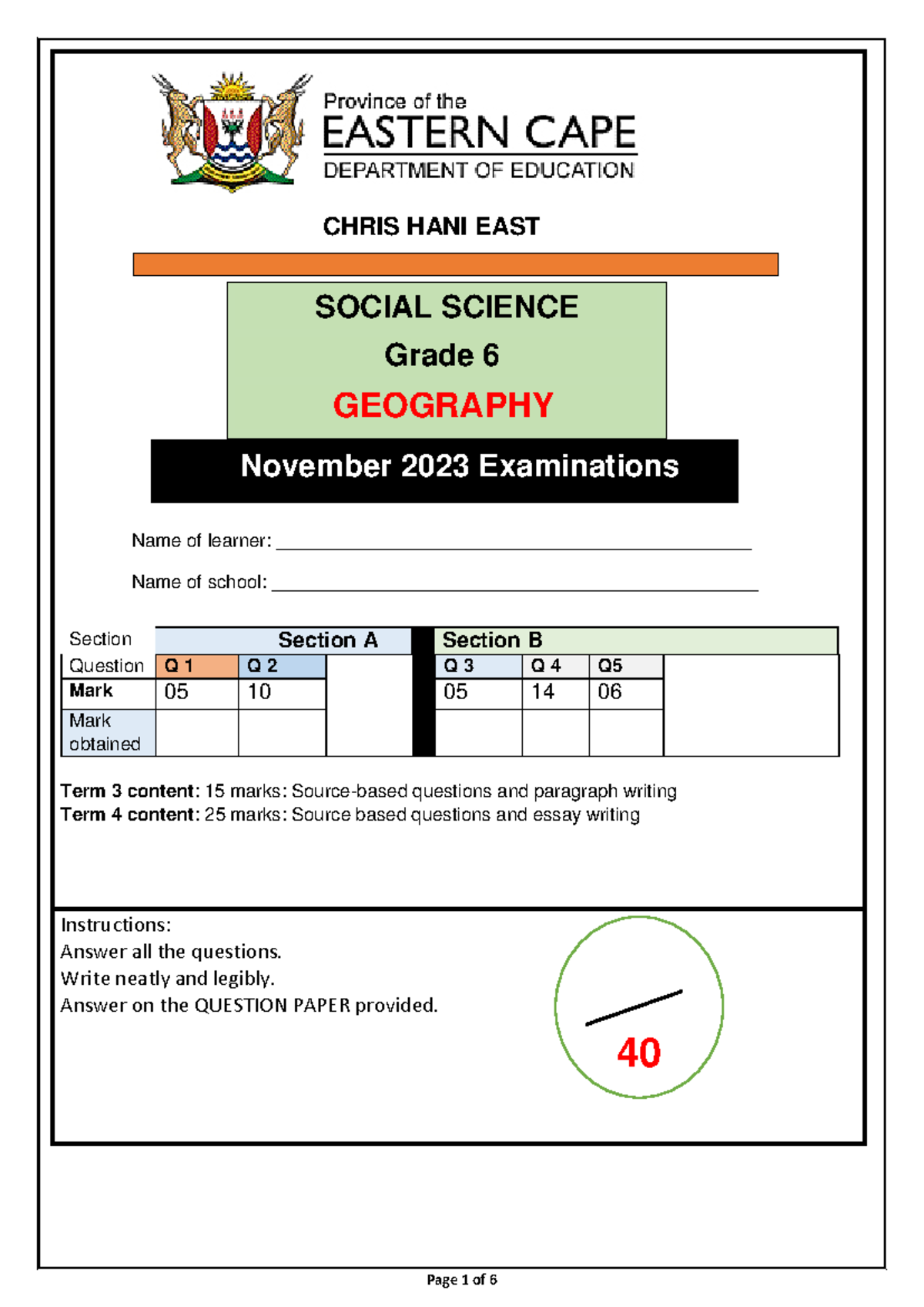Geography Grade 6 Term 4 Exam Questions and Instructions 2023 - Studocu