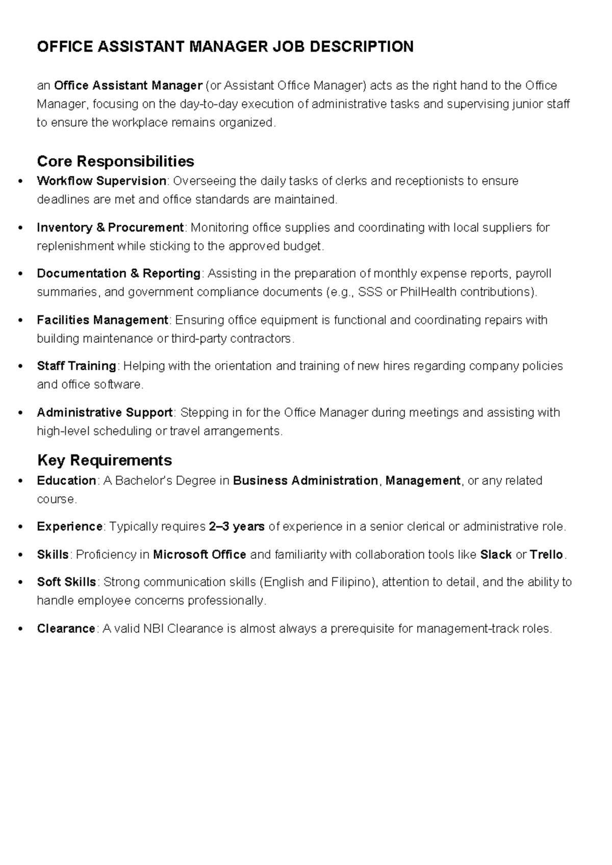 OFFICE ASSISTANT MANAGER JOB DESCRIPTION & REQUIREMENTS - Studocu