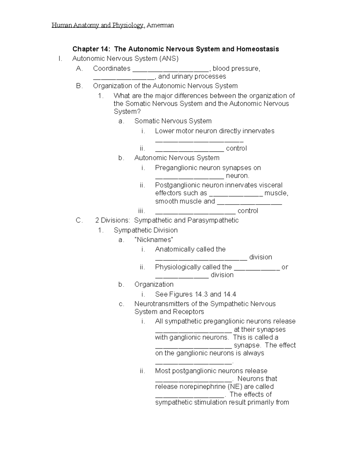 BIO 109HYB Chapter 14 Outline: Autonomic Nervous System Notes - Studocu