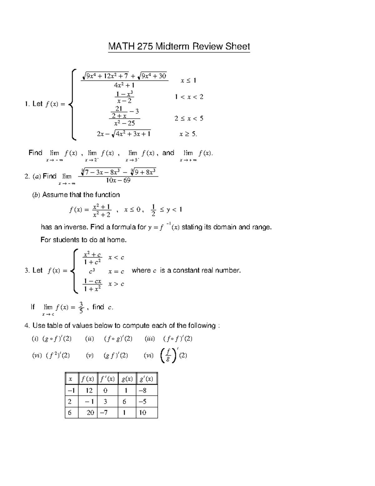 MATH275 - Midterm Review with Solutions and Key Concepts - Studocu