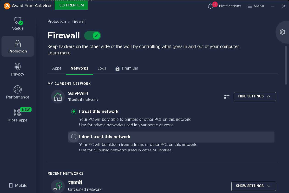 NIS Practical 12 - Avast Free Antivirus GO PREMIUM 1 Notifications Menu ...