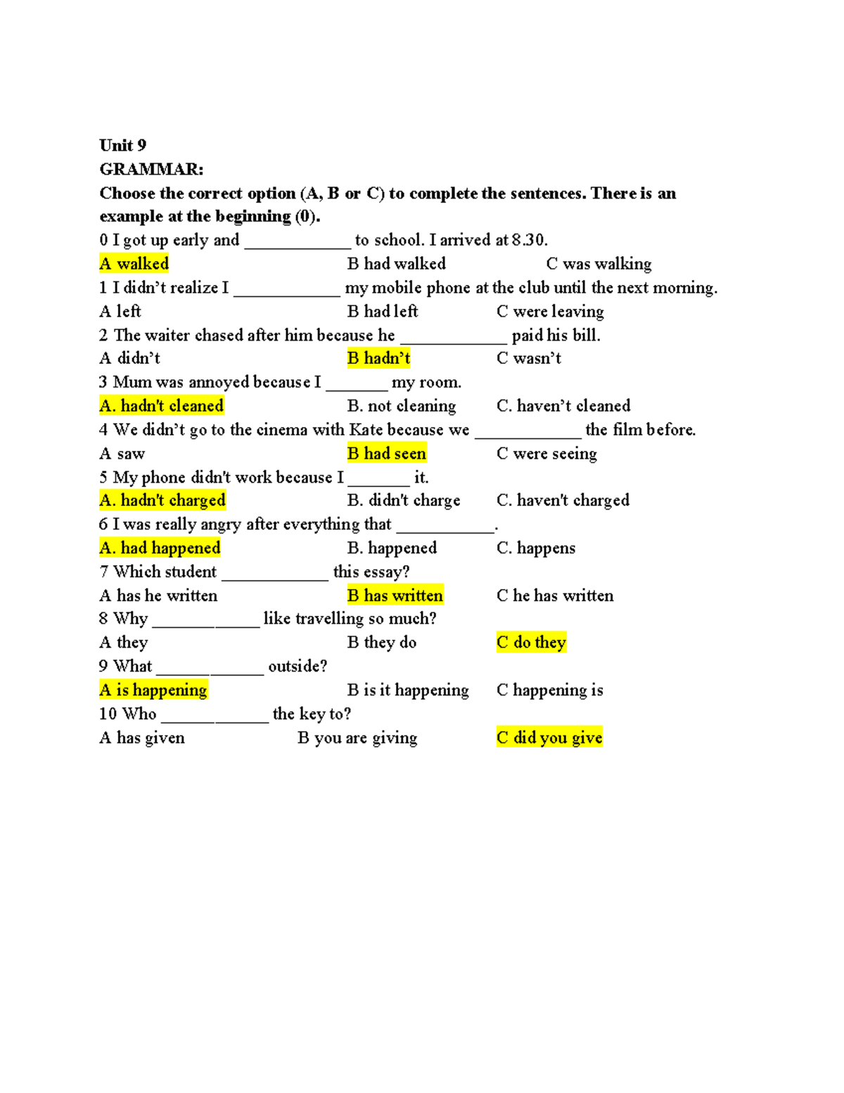 Unit 9-12 GRAMMAR & VOCABULARY Practice Exercises and Reading ...