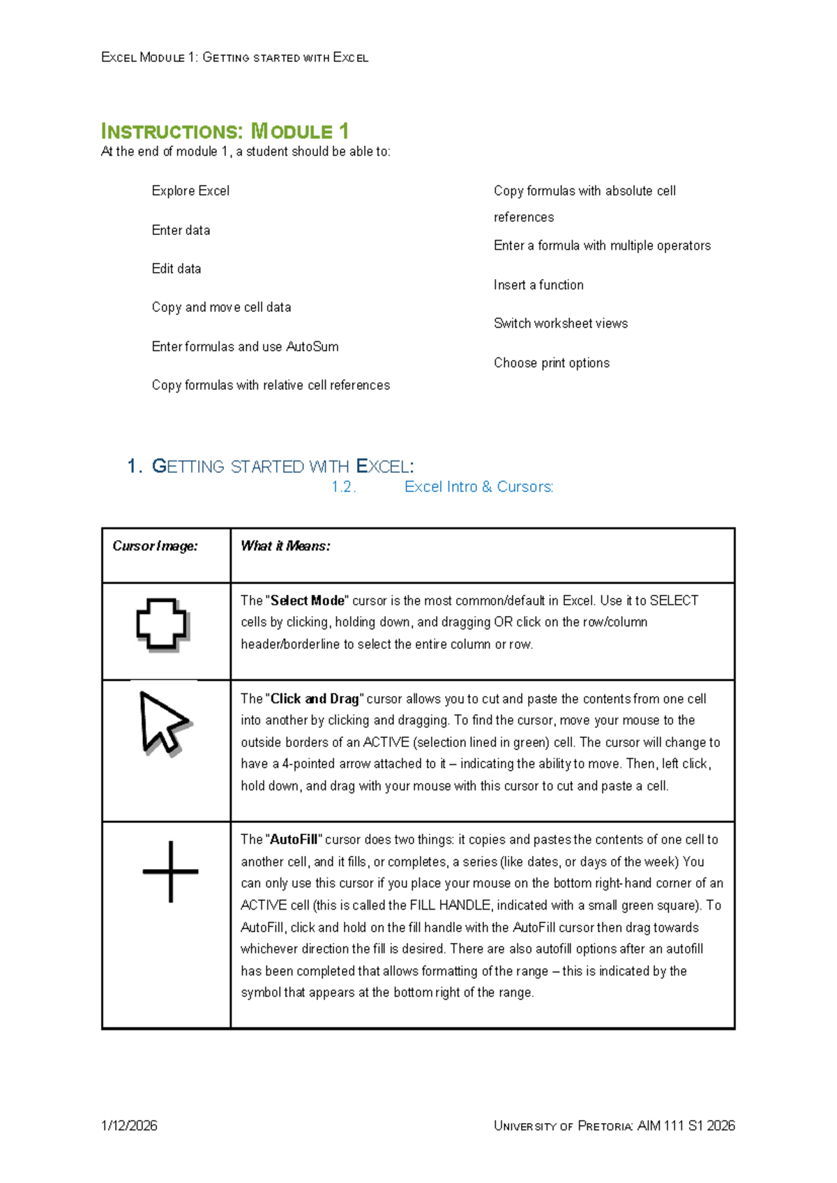EXCEL MODULE 1: GETTING STARTED WITH EXCEL INSTRUCTIONS - Studocu