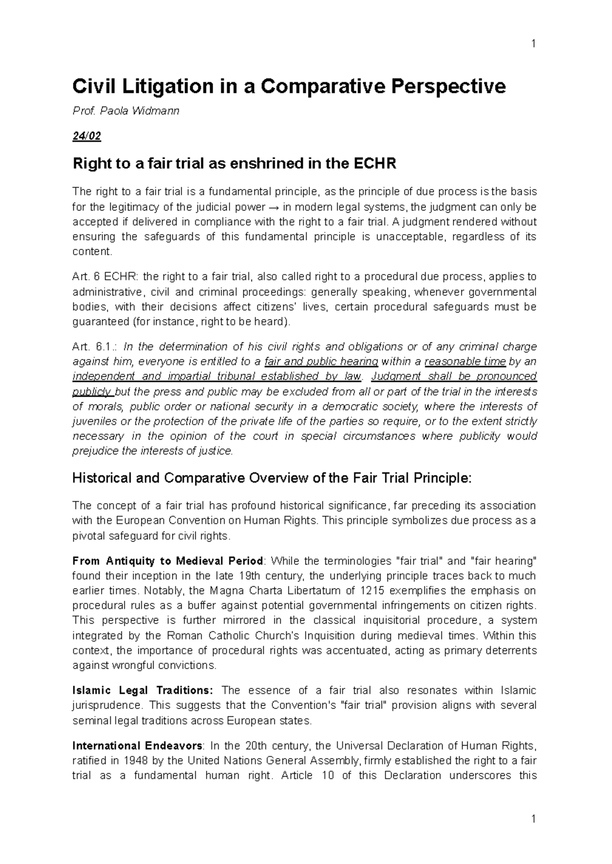 CIVIL 101: Comparative Analysis of Fair Trial Rights in ECHR - Studocu