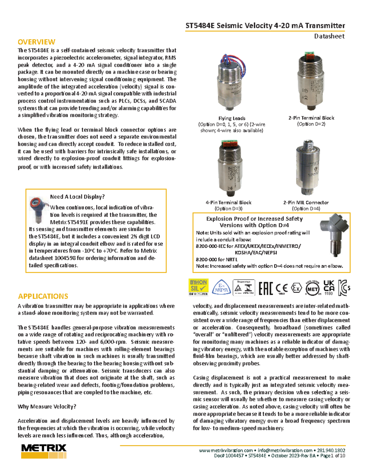 Metrix ST5484E Vibration Transmitter Datasheet - Rev BA (Oct 2023 ...