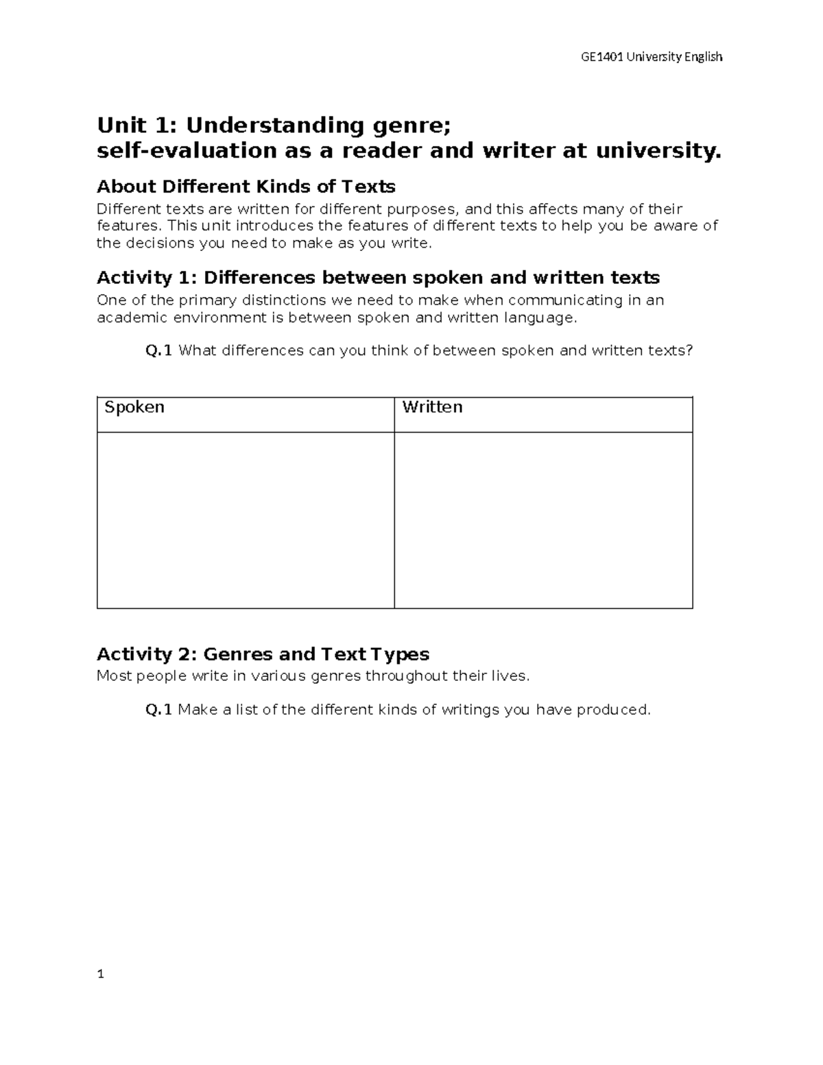 GE1401 Unit 1 - Unit 1 notes - Unit 1: Understanding genre; self ...
